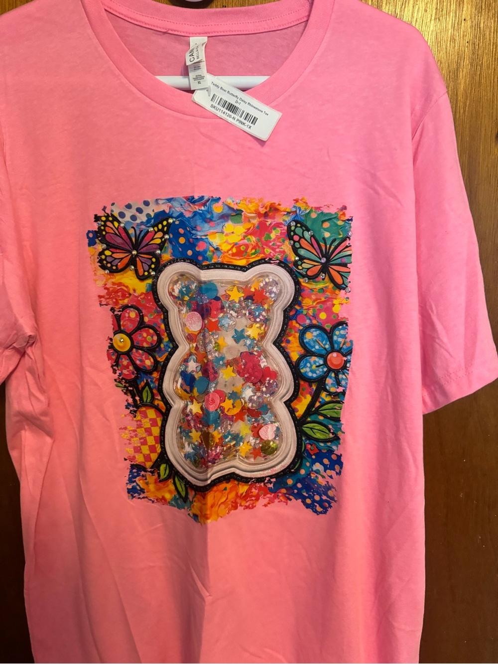 Gildan Pink Tee with Colorful Gummy Bear Shaker and Floral Graphic
